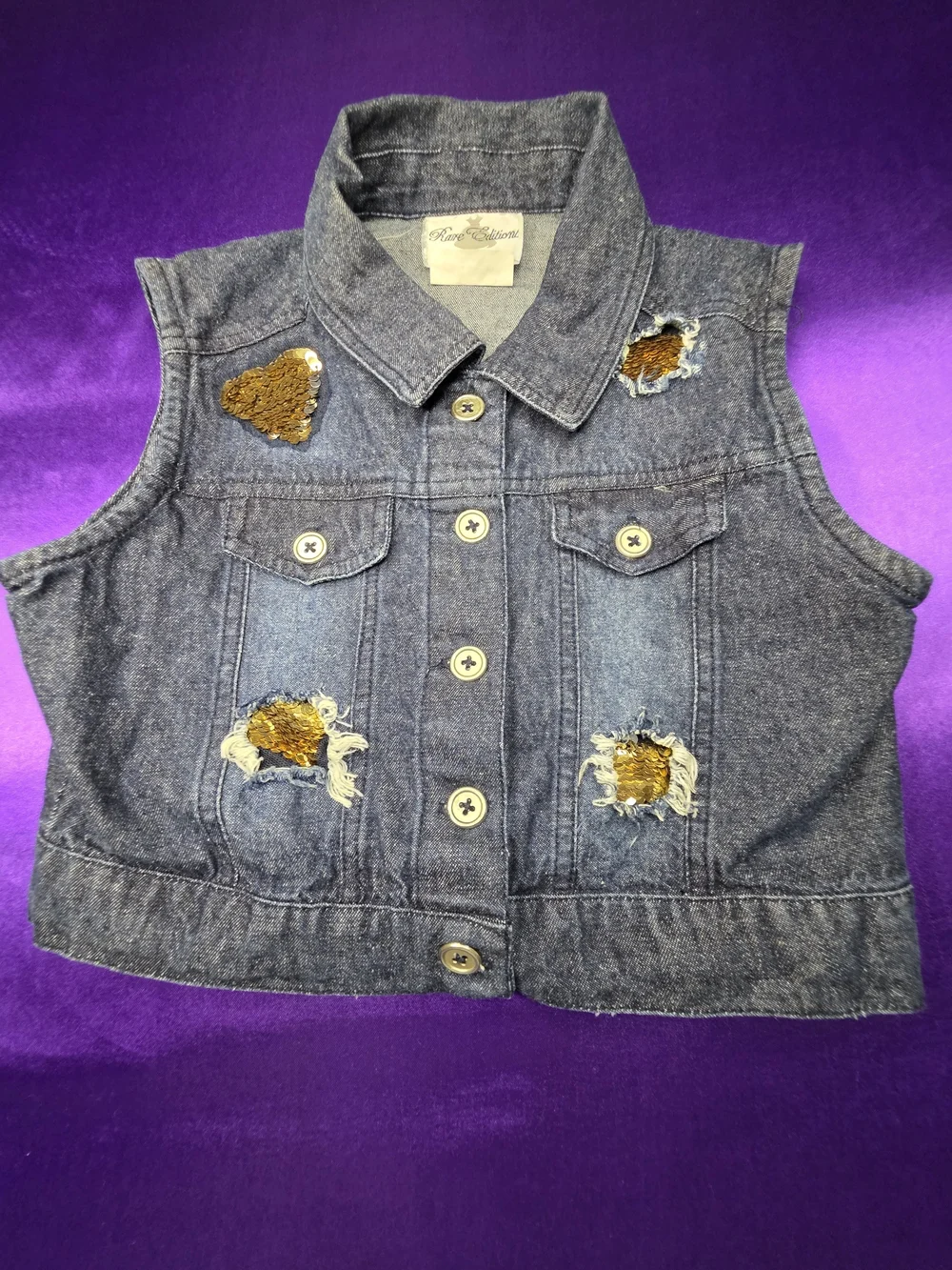 Rare Editions Dark Blue Denim Sequin Patch Vest Size 7
